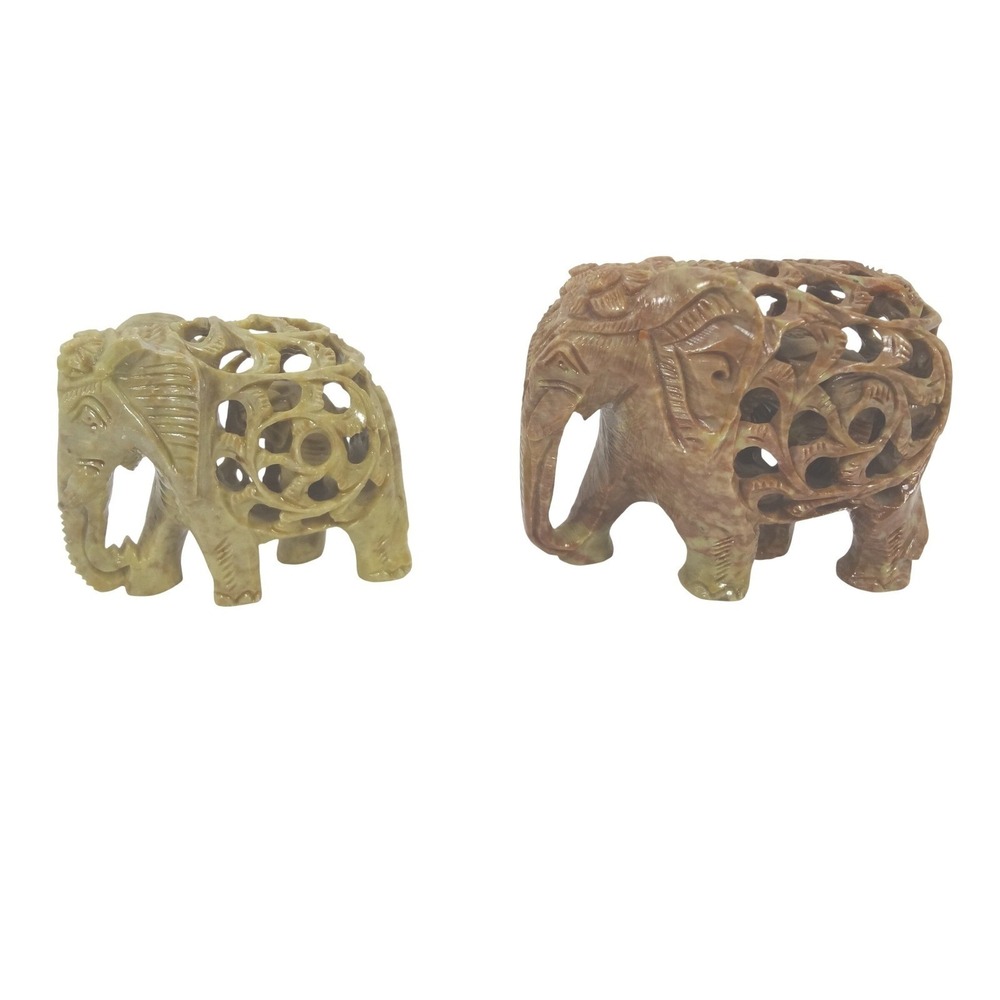Lot of2 Vintage Carved Soapstone Elephants Ornate Openwork Sculptures from India